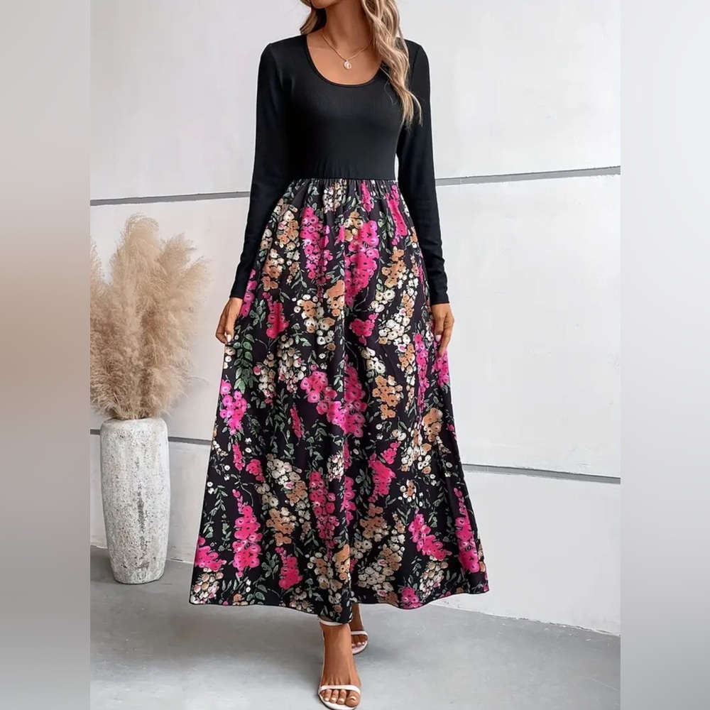 Floral Maxi Dress in Black and Pink